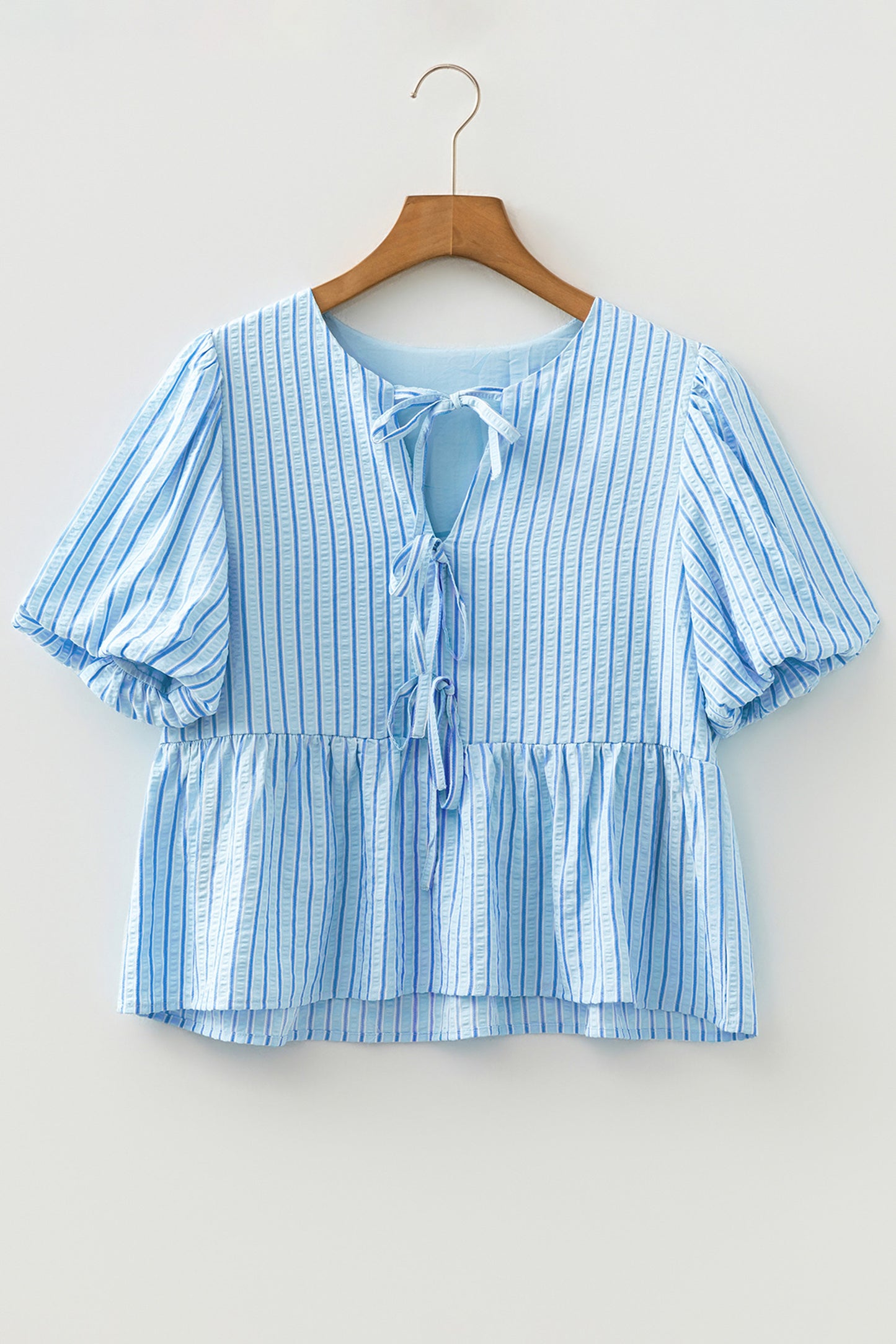 Stripe Bow Knot Textured Short Puff Sleeve Blouse