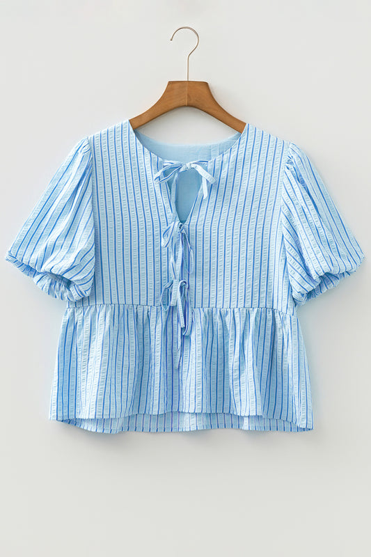 Stripe Bow Knot Textured Short Puff Sleeve Blouse