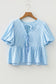 Stripe Bow Knot Textured Short Puff Sleeve Blouse
