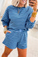 Blue Stripe Drop Shoulder Long Sleeve Pullover Elastic Waist Short Set