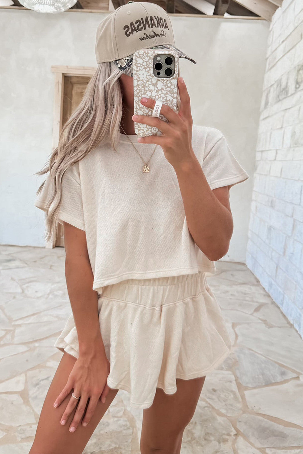 Beige Cropped Tee and and Ruffle Waist Skort Set