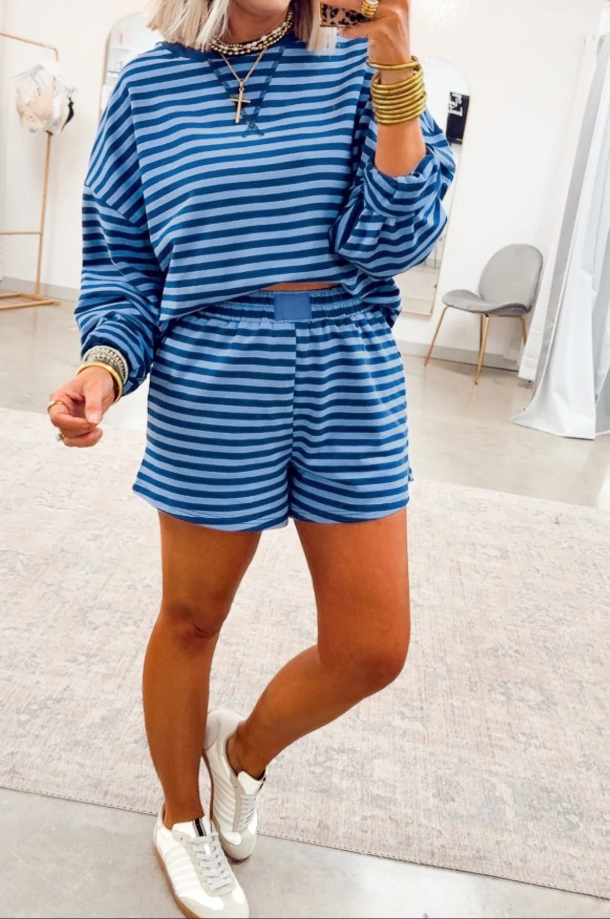 Blue Stripe Drop Shoulder Long Sleeve Pullover Elastic Waist Short Set