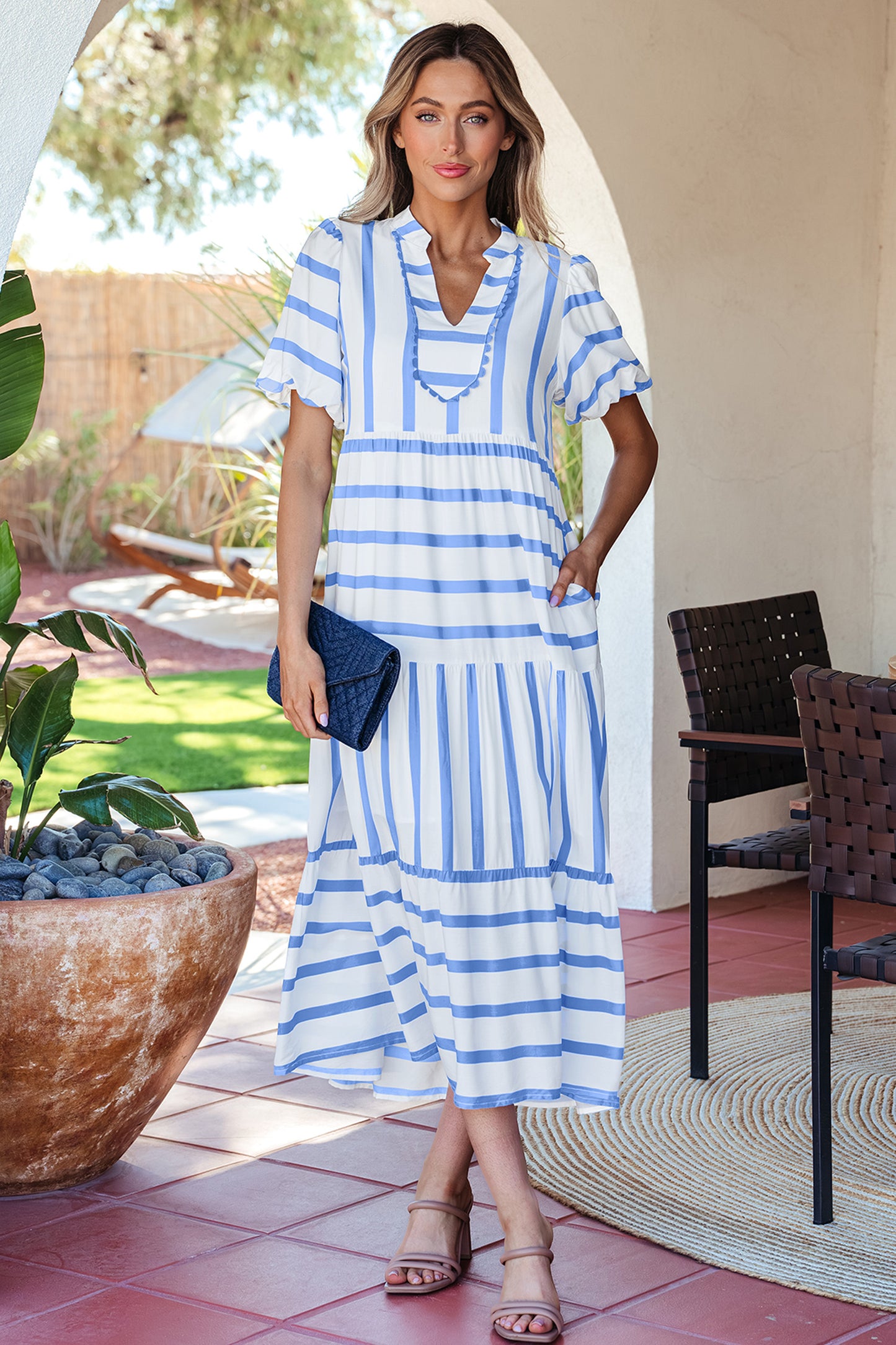 Trimmed Neck Half Sleeve Vacation Dress
