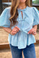 Stripe Bow Knot Textured Short Puff Sleeve Blouse