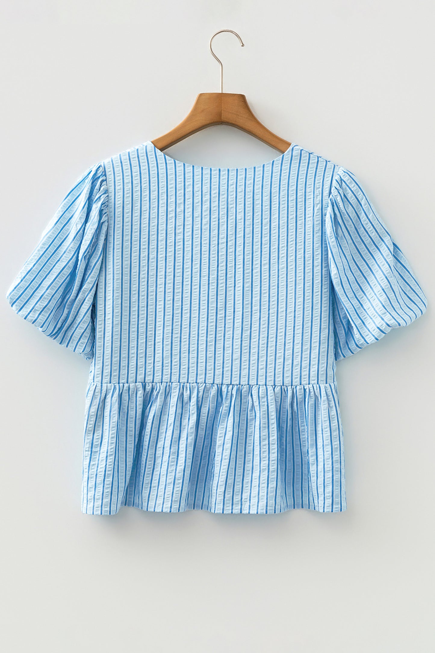 Stripe Bow Knot Textured Short Puff Sleeve Blouse