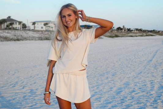 Beige Cropped Tee and and Ruffle Waist Skort Set