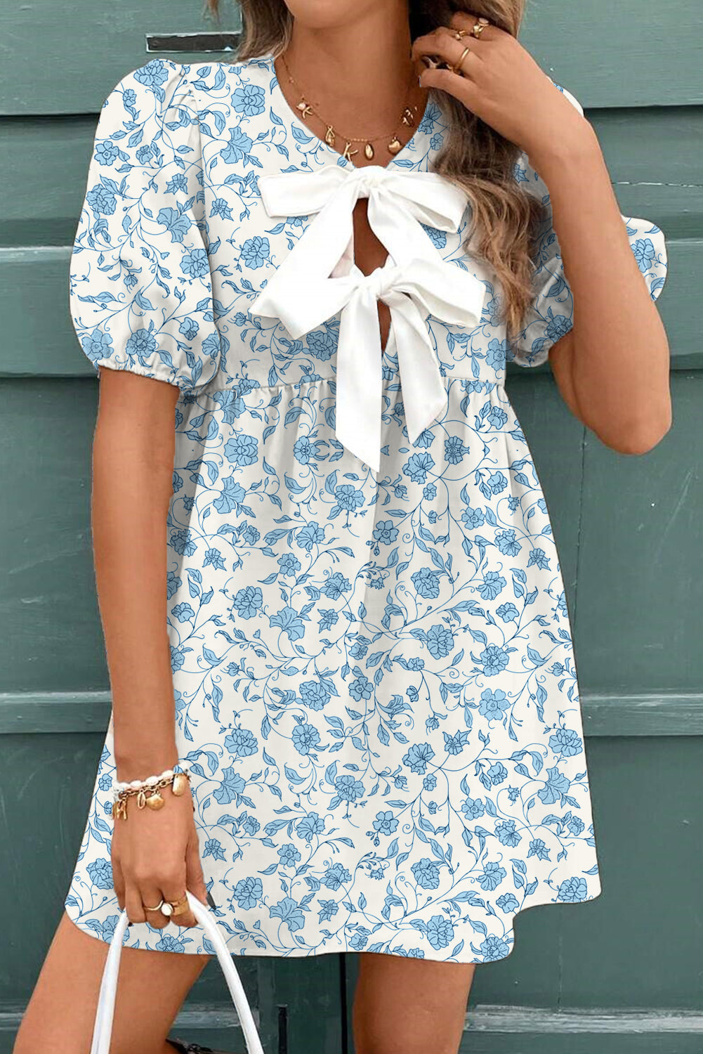 Sky Blue Floral Dress with Bows and Puff Sleeves