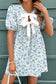 Sky Blue Floral Dress with Bows and Puff Sleeves
