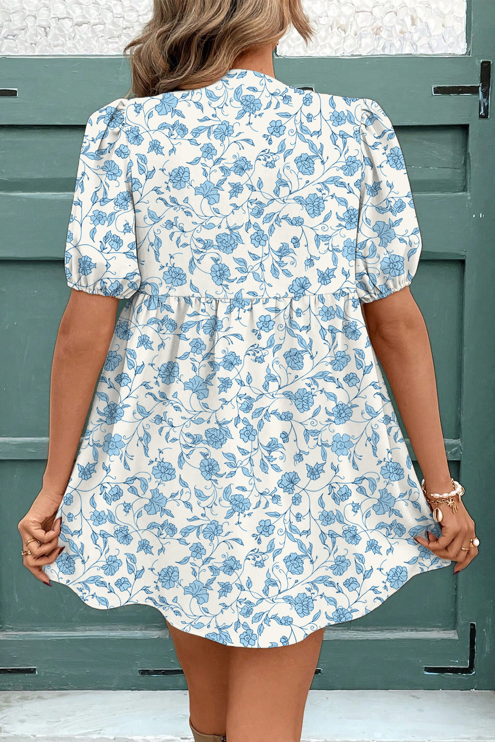 Sky Blue Floral Dress with Bows and Puff Sleeves