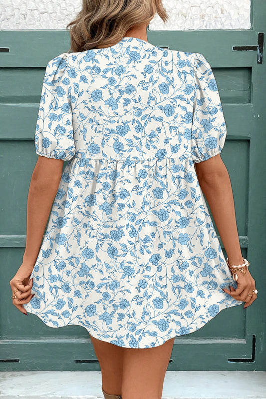 Sky Blue Floral Dress with Bows and Puff Sleeves