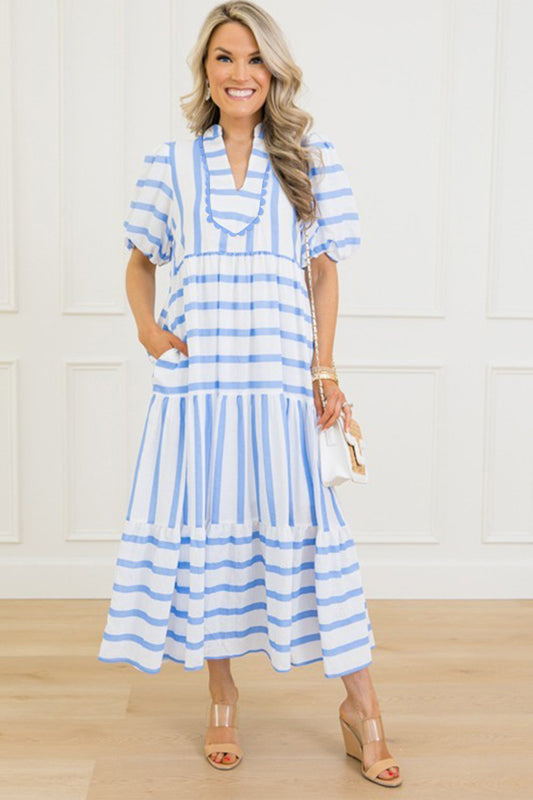 Trimmed Neck Half Sleeve Vacation Dress